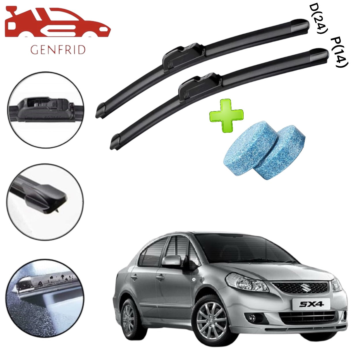 Genfrid Flat Rubber Frameless Car Wiper For Maruti SX4 (Right-24, Left–14)(Pack Of 2)(Free Washer Tablet)