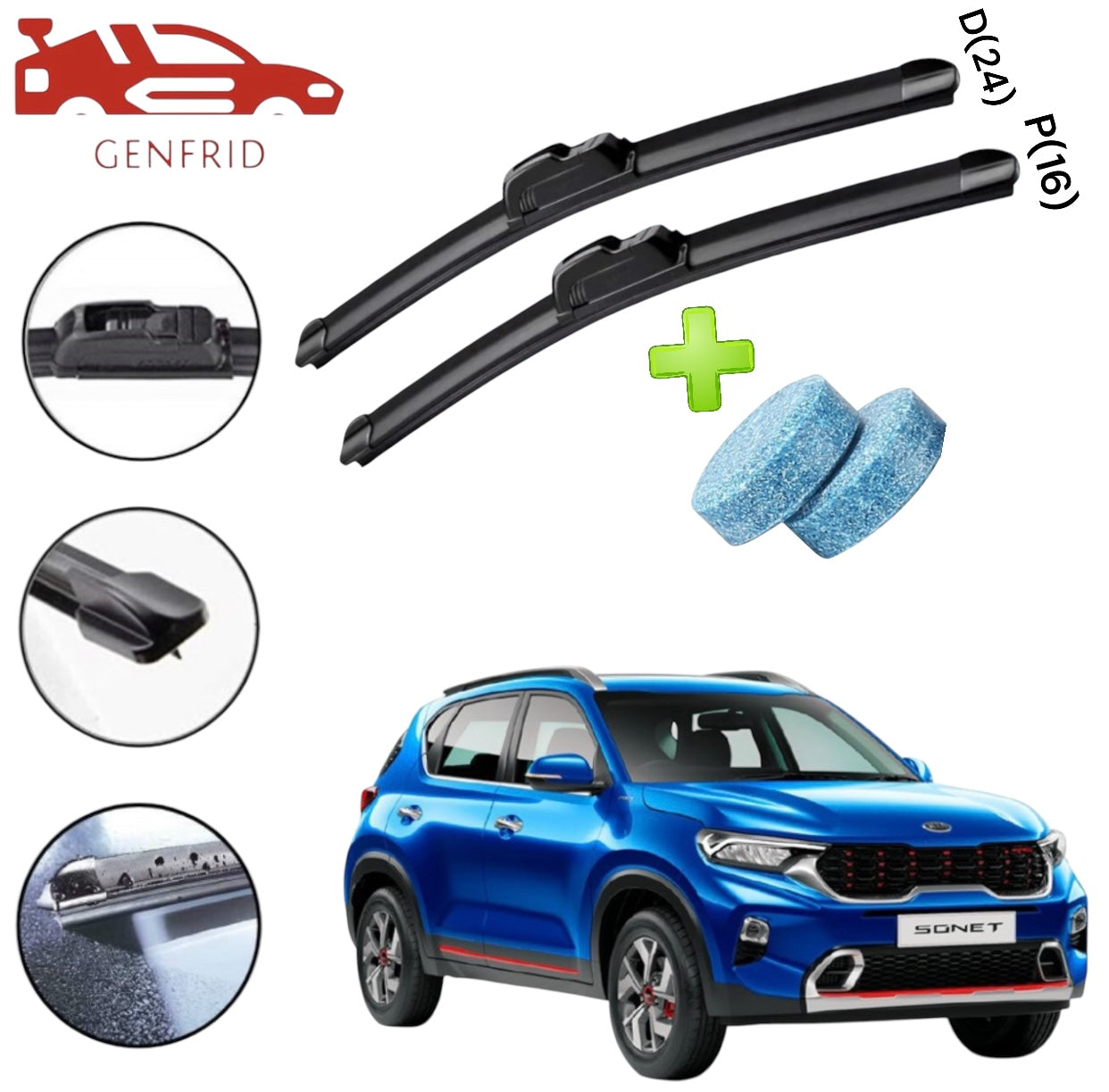 Genfrid Flat Rubber Frameless Car Wiper For Kia Sonet (Right-24, Left–16)(Pack Of 2)(Free Washer Tablet)