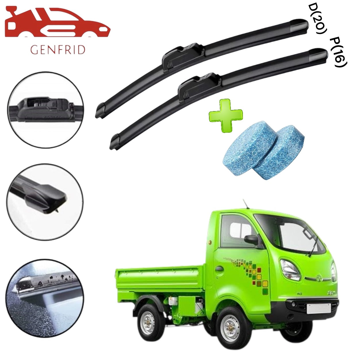 Genfrid Flat Rubber Frameless Car/Mini Truck Wiper For Tata Ace (Right-20, Left–16)(Pack Of 2)(Free Washer Tablet)