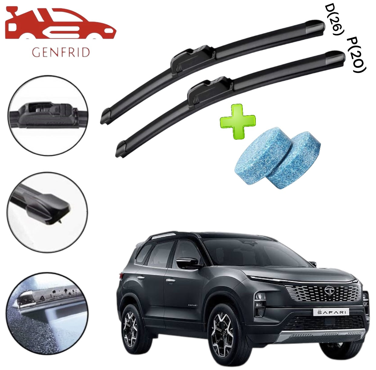 Genfrid Flat Rubber Frameless Car Wiper For Tata Safari 2024 (Right-26, Left–20)(Pack Of 2)(Free Washer Tablet)