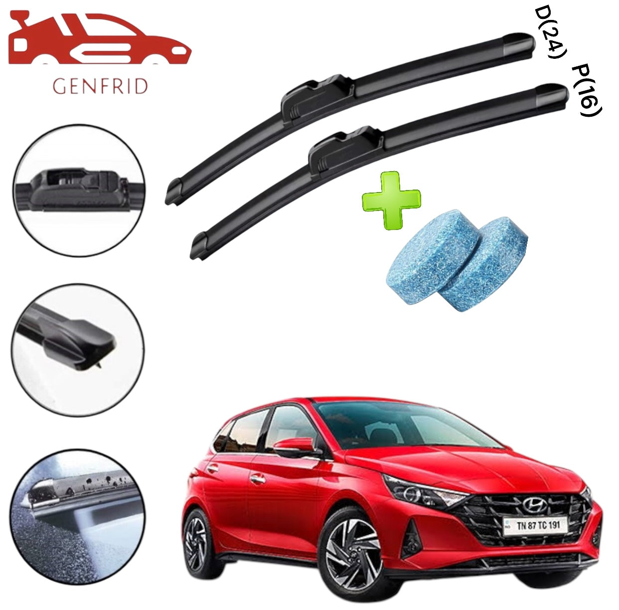 Genfrid Flat Rubber Frameless Car Wiper For Hyundai I20 2020 (Right-24, Left–16)(Pack Of 2)(Free Washer Tablet)