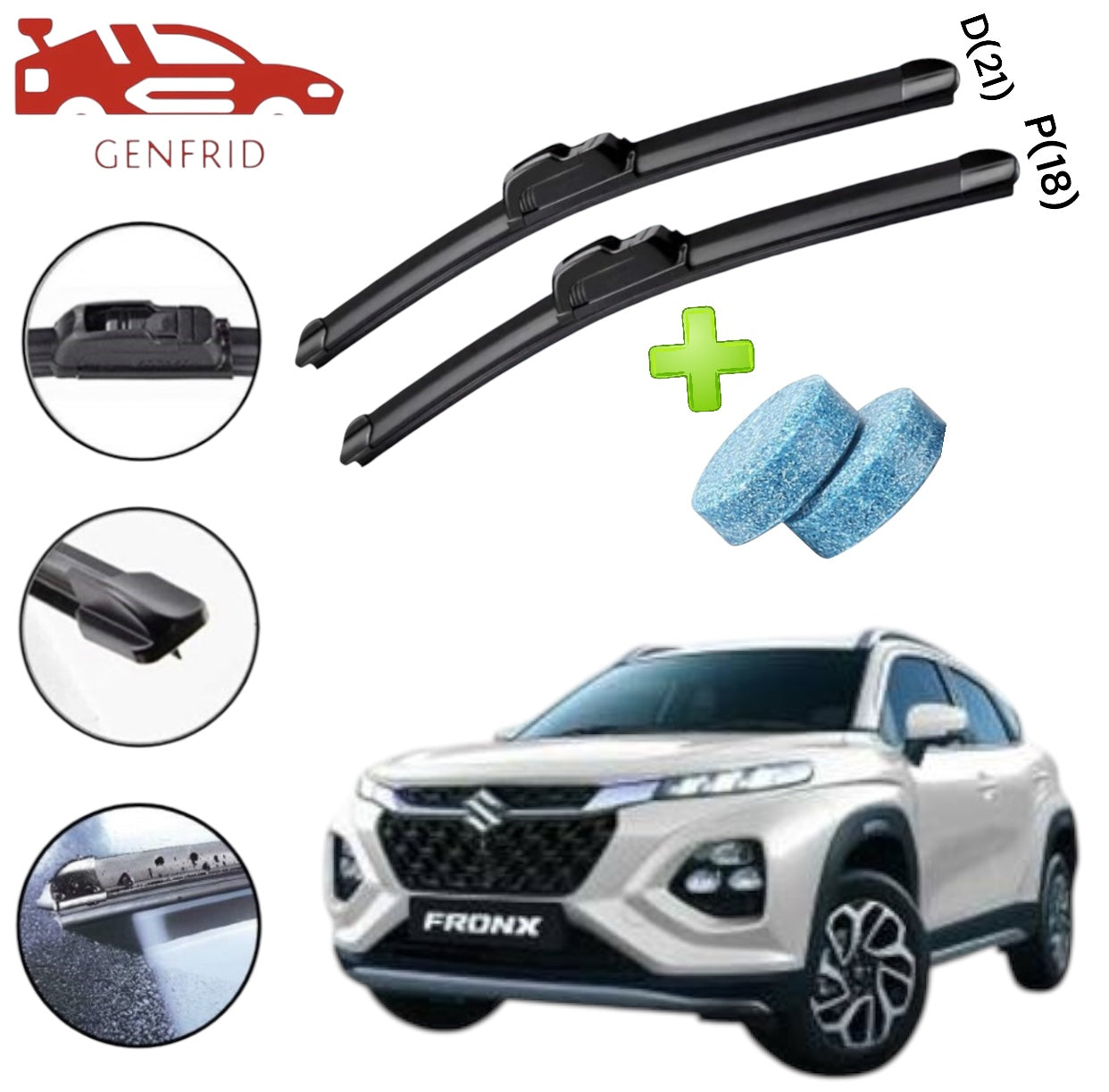 Genfrid Flat Rubber Frameless Car Wiper For Maruti Fronx (Right-21, Left–18)(Pack Of 2)(Free Washer Tablet)