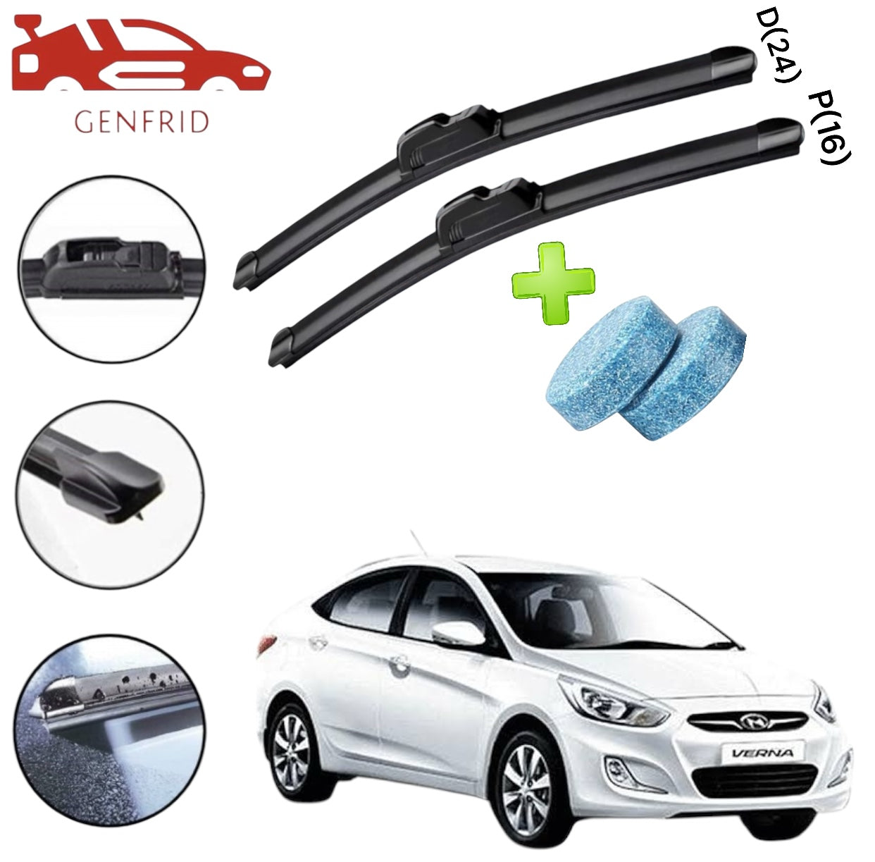Genfrid Flat Rubber Frameless Car Wiper For Hyundai Verna (Right-24, Left–16)(Pack Of 2)(Free Washer Tablet)