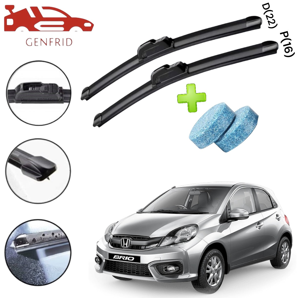 Genfrid Flat Rubber Frameless Car Wiper For Honda Brio (Right-22, Left–16)(Pack Of 2)(Free Washer Tablet)