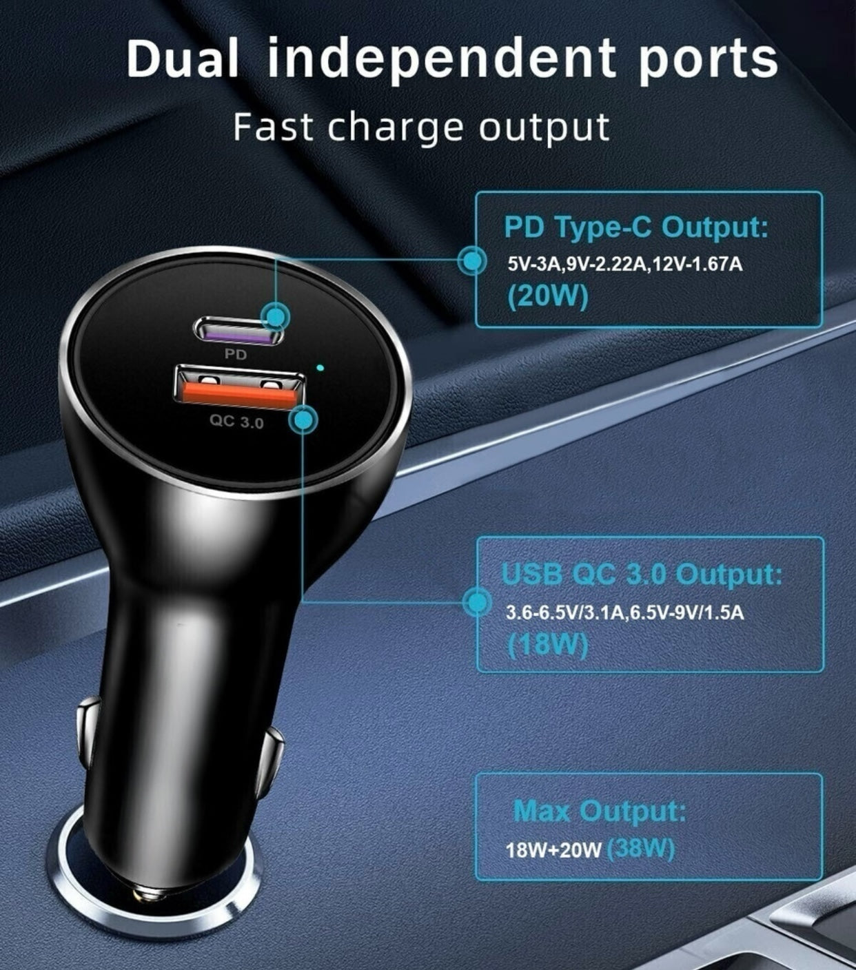 GENFRID Turbo Car Charger 38 W Qualcomm 3.0 (Black)