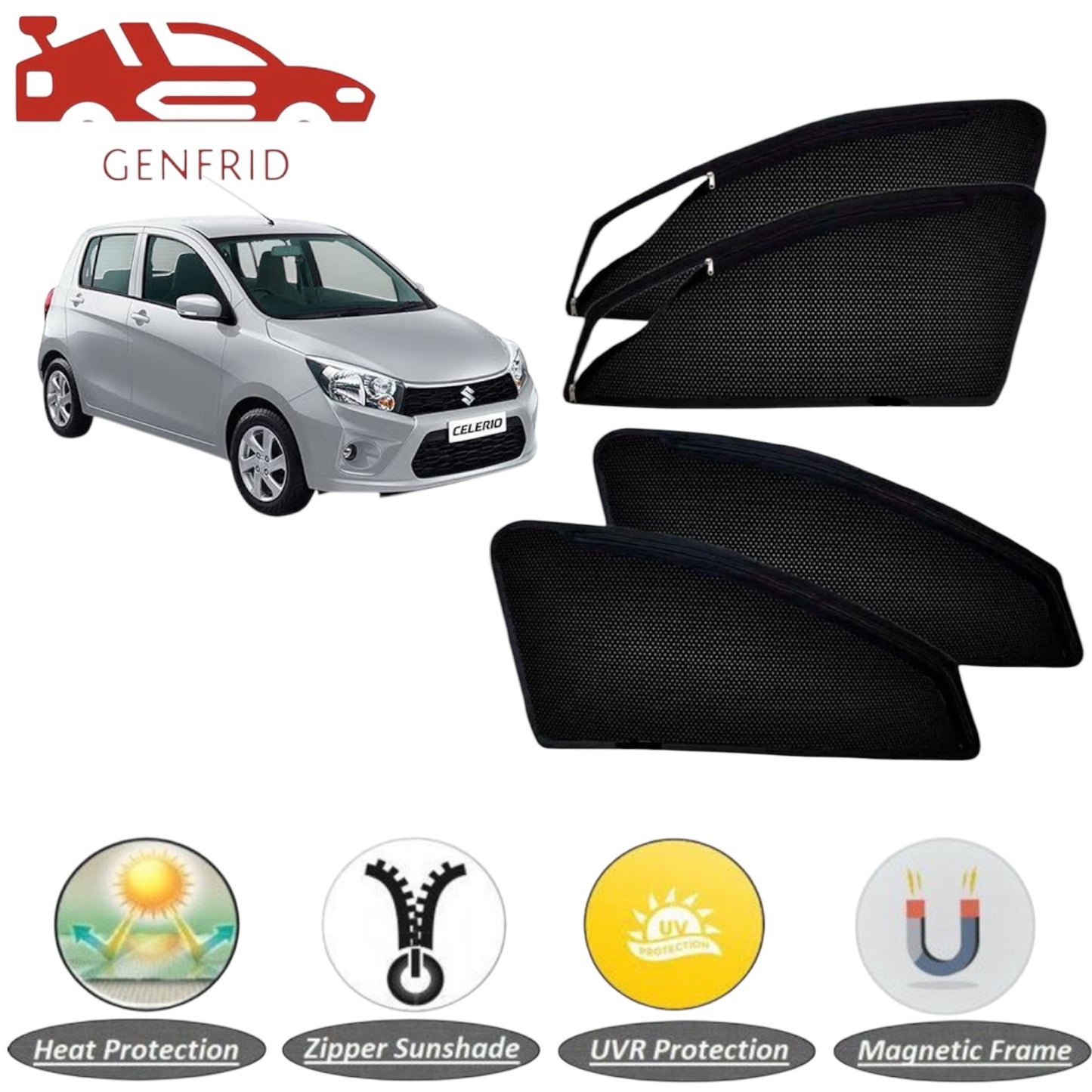 Genfrid Car Sunshade/Car Side Window Shades For Maruti Celerio (Zipper)
