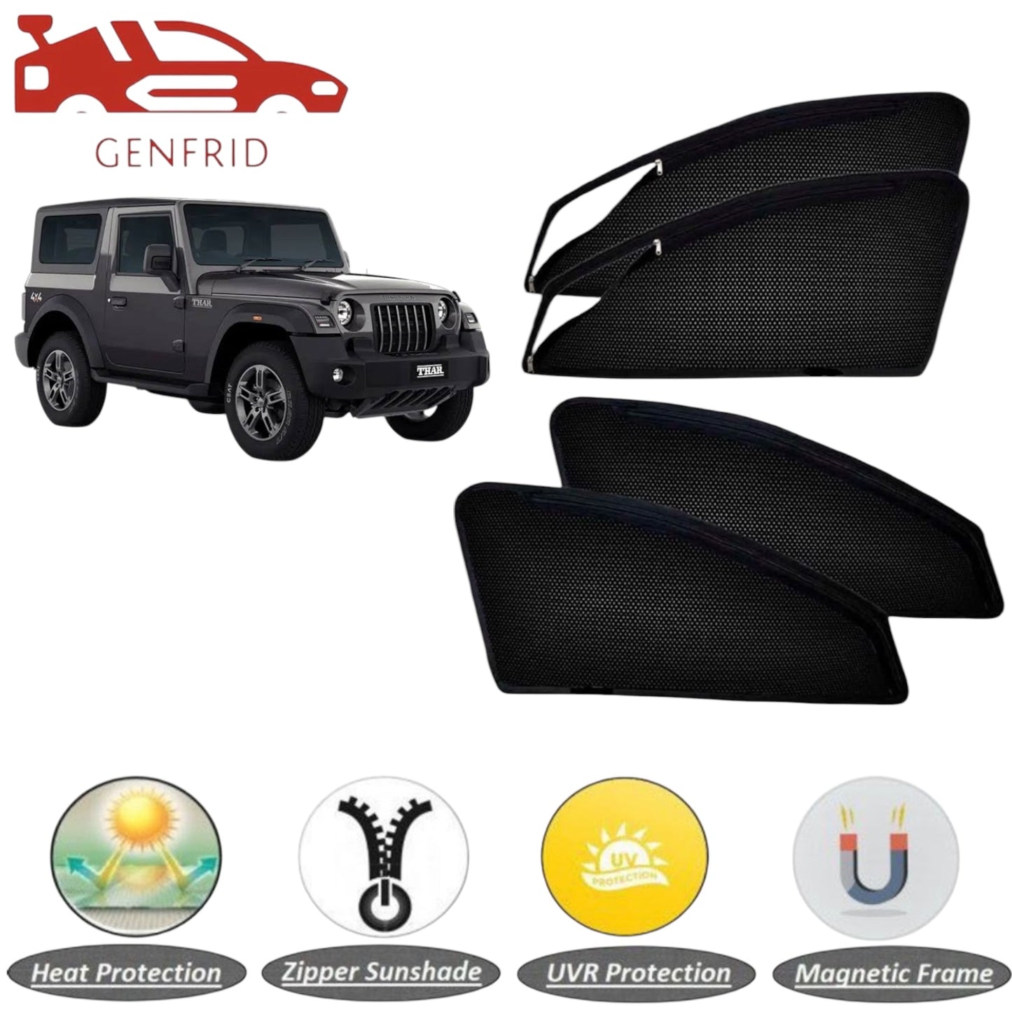 Genfrid Car Sunshade/Car Side Window Shades For Mahindra Thar (Zipper)